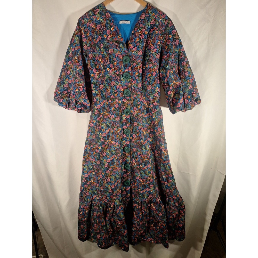 Samsara Floral Puff Sleeve Midi Dress Blue Pink Button‎ Front Ruffle Hem Size 38